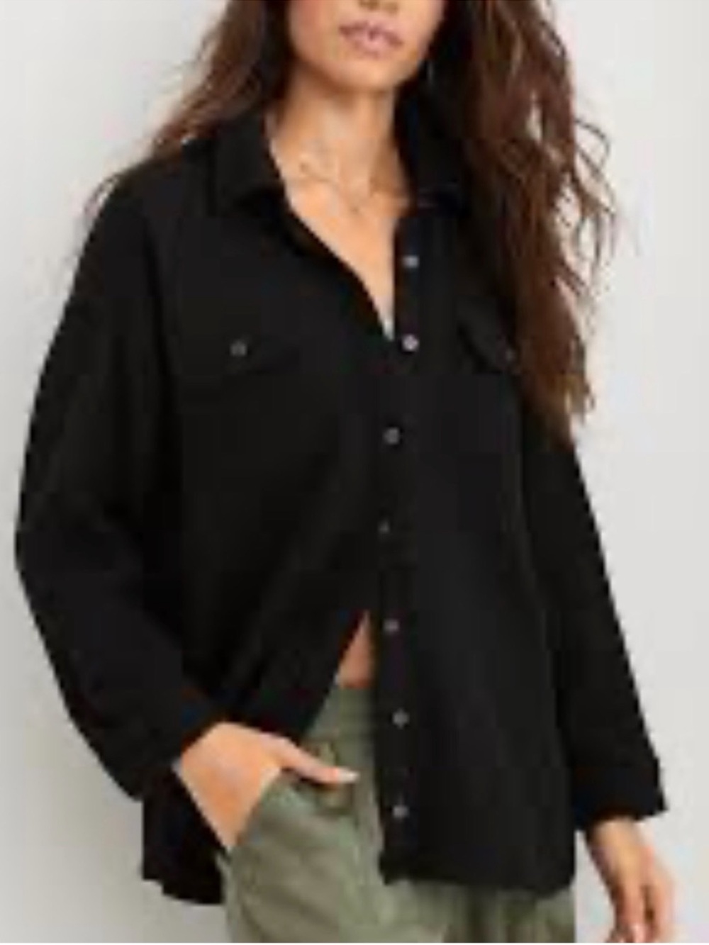 Aerie Lumberjane Black Waffle Knit Button Down Shirt Size Small Oversized